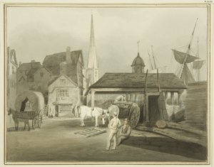 Severovýchodní konec King Street, zobrazující velšský trh v roce 1802 (akvarel na papíře) od Thomas Leeson the Elder Rowbotham