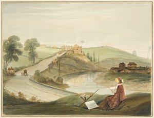 Totterdown a Pile Hill z Bath Road, ukazující Brislington Turnpike (s Miss Braikenridge? Sketching) od Thomas Leeson the Elder Rowbotham