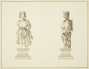 Dva pohledy na vyřezávanou dřevěnou figuru v sakristii kostela sv. Jana (tužka a akvarel na papíře) od Thomas Leeson the Elder Rowbotham