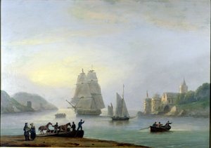 Brig vjíždějící do přístavu Dartmouth s trajektem v popředí, 1828