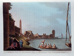 Vnější pohled na starověkou Alexandrijskou zeď s Kleopatřinou jehlou, 1802.