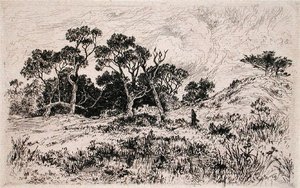 Jižní vítr a zatažená obloha Vyhlašují to lovecké ráno (lept) od Thomas Moran
