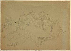 Kresba, Řeka Rio Virgin s velkými skalními útvary, 1873 od Thomas Moran