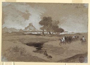 Kresba, Vodní díra v poušti, Utah, 1873 od Thomas Moran