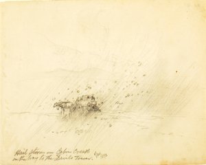 Bouře s krupobitím na Cabin Creek na cestě k Ďáblově věži od Thomas Moran