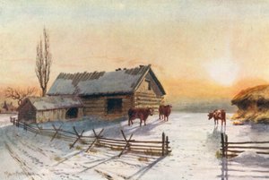 Selský dvůr, zima (barevná litografie)