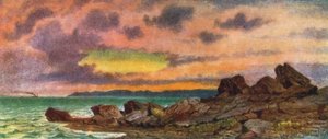 Bouřlivý západ slunce, pobřeží u St John, New Brunswick (barevná litografie)