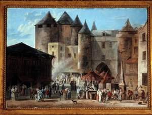Place du Grand Chatelet v pařížské pouliční scéně v době francouzské revoluce. Obraz Thomase Naudeta (1778-1810)