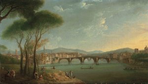 Pohled na Arno ve Florencii z Cascine Gardens s postavami rybařícími a odpočívajícími na skalách v popředí, Ponte alla Carità a Ponte Vecchio za nimi