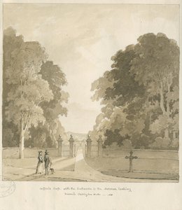 Chillington Hall - "Giffardův kříž": sépiová kresba, 1838 od Thomas Peploe Wood