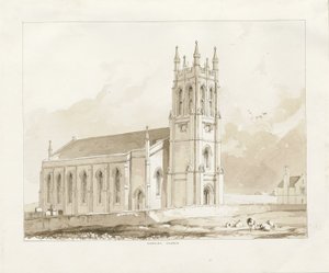 Coseley Church: sépiová lavírovaná kresba, nd [1841] od Thomas Peploe Wood