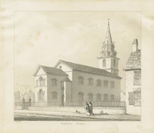 Darlaston Church: sépiová kresba, 1836 od Thomas Peploe Wood