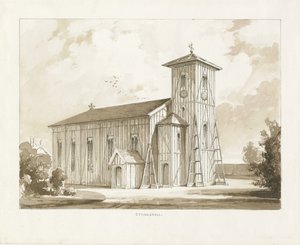Kostel Ettingshall: sépiová lavírovaná kresba, 1841 od Thomas Peploe Wood