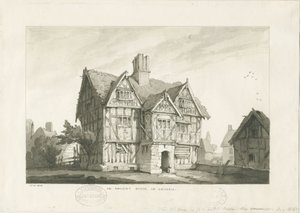 Gnosall Village - Ancient House: lavírovaná kresba od Thomas Peploe Wood
