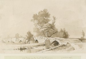 Handsacre - Old High Bridge: sépiová kresba, 1839 od Thomas Peploe Wood