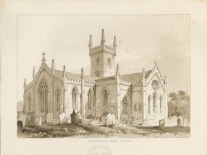 Handsworth Church: sépiová kresba od Thomas Peploe Wood