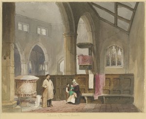 Interiér Standon Church: malba akvarelem a [? polovina 19. století] od Thomas Peploe Wood