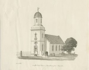 Marchington Church: sépiová kresba, 1836 od Thomas Peploe Wood