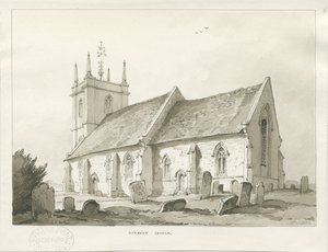 Norbury Church: sépie lavírovaná kresba od Thomas Peploe Wood