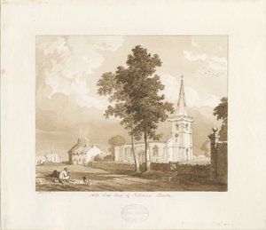 Rolleston Church: kresba v červené sépii, 1836 od Thomas Peploe Wood