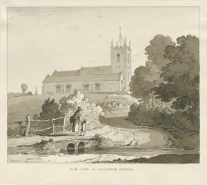 Seighford Church: sépie lavírovaná kresba od Thomas Peploe Wood