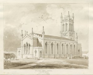 Shelton Church: sépie lavírovaná kresba od Thomas Peploe Wood