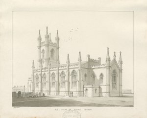 Kostel Stoke-upon-Trent [Nové]: sépiová kresba od Thomas Peploe Wood