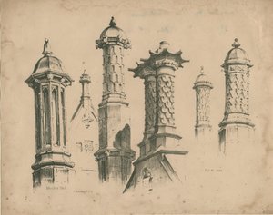 Thickbroom Hall ["Manley Hall"] - Finály a komíny: litografie, 1838 od Thomas Peploe Wood
