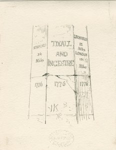 Tixall – Kamenný sloup zobrazující najeté kilometry: kresba perem a tuší, nd [polovina 19. století] (kresba) od Thomas Peploe Wood