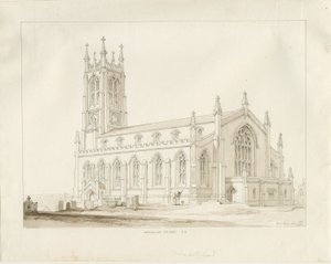 Wordsley Church: sépiová kresba od Thomas Peploe Wood