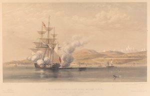 H.M.S. Highflyer Captn John Moore C.B. c. kotví u Soukoum Kaleh-Abasia, Omar Paša opouští loď, říjen 1855