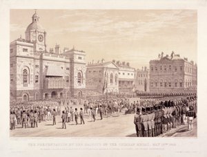 Předání Krymské medaile královnou Viktorií plukovníku siru Thomasi Trowbridgeovi, 18. května 1855