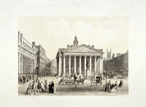 Royal Exchange a Bank of England vlevo, Londýn, 1851
