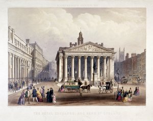 Royal Exchange a Bank of England vlevo, Londýn, 1851