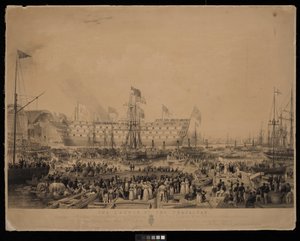 Spuštění lodi Trafalgar na vodu za přítomnosti Jejího Veličenstva královny Viktorie a Jeho královské Výsosti prince Alberta v H.M.Dock Yard ve Woolwichi... od Thomas Picken