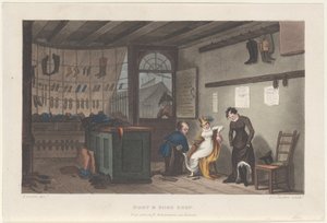 Boot & Shoe Shop, z Poetical Sketches of Scarborough, 1813., 1813. Tvůrci: Thomas Rowlandson, Joseph Constantine Stadler, J. Bluck.