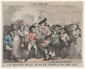 „Hrdina z boxerské arény“, „Značkovaný tyran“ nebo „Osla zbaveného lví kůže“. od Thomas Rowlandson
