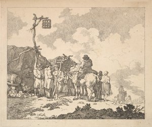 Jarmark - Skupina Cikánů - Muži a ženy v rustikálním oblečení před dvěma provizorními..., 1786. od Thomas Rowlandson