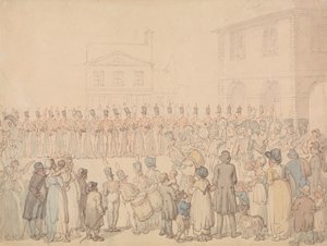 Přehled o milici z Northamptonu v Brackley od Thomas Rowlandson