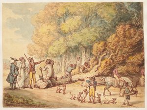 Lovec s rodinou dává dřevorubcům pokyny, aby rozřezali pokácený strom od Thomas Rowlandson