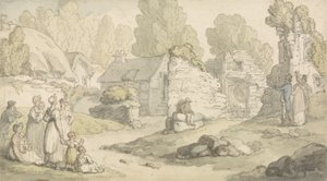 Vesnická scéna s postavami a zničenými budovami (akvarel, pero, inkoust a tužka na papíře) od Thomas Rowlandson