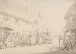 Vesnická scéna s dívkami při předení od Thomas Rowlandson