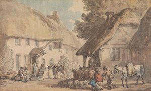 Vesnická ulice, po které se žene stádo skotu a ovcí od Thomas Rowlandson