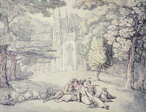 Vysokoškolský zelený se skupinou dívek a mladých gentlemanů v popředí, kolem 1810-15 (pero, inkoust a akvarel přes tužku na papíře) od Thomas Rowlandson