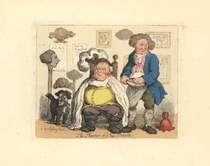 Holič a zákazník v holičství zdobené parukami. od Thomas Rowlandson