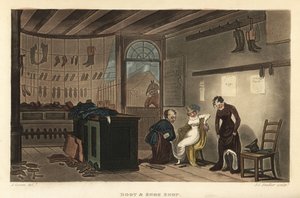 Obchod s botami a obuví: Zákaznice, které si zkoušejí boty a boty u ševců Leatherhead. Ručně kolorovaná mědirytina Thomas Rowlandson, akvatinta J.C. Stadler, podle skici J. Greena z Poetical Sketches of Scarborough, Ackermann, Londýn od Thomas Rowlandson