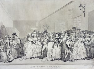Box Lobby Loungers, leptané Rowlandsonem podle návrhu Henryho Wigsteada (c.1745-93), pub. John Raphael Smith, 1786 (sépie lept) od Thomas Rowlandson