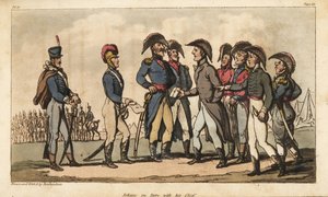 Kapitán Johnny Newcome ve službě jako pobočník vévody z Wellingtonu během poloostrovní kampaně. Ručně kolorovaná mědirytina, kterou nakreslil a vyleptal Thomas Rowlandson z filmu plukovníka Davida Robertse Vojenská dobrodružství Johnnyho Newcome, Martin, od Thomas Rowlandson