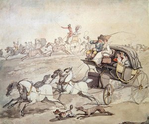 Vozíky a jezdce plnou rychlostí přes otevřené louky, cca 1800 (pero a inkoust s mytím na papíře) od Thomas Rowlandson