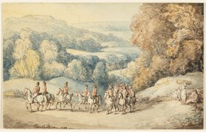 Jízda na pochodu (recto); fragment náčrtu koně (verso) od Thomas Rowlandson